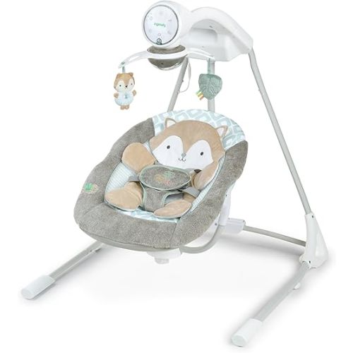 Ingenuity InLighten 5-Speed Baby Swing - Swivel Infant Seat, 5 Point Safety Harness, Nature Sounds, Lights - Kitt Fox