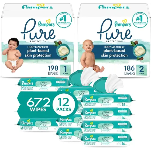 Pampers Pure Protection Disposable Baby Diapers Starter Kit (2 Month Supply), Sizes 1 (198 Count) & 2 (186 Count) with Aqua Pure Sensitive Wipes, 12X Pop-Top Packs (672 Count)