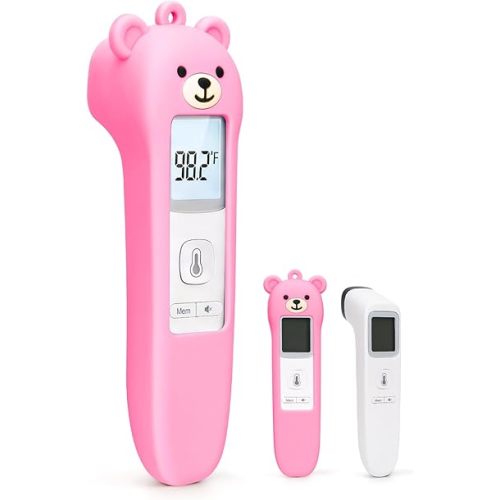 Cute Bear Silicone Thermometer Case Compatible with GoodBaby No-Touch Thermometer, Soft Anti-Drop Protective Cartoon Animal Cover Helps Calm Babies During Temperature Checks - Pink