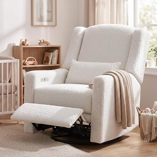 Power Glider Recliner Nursery Chair w/USB Ports, Soft Boucle Glider Rocking Chair for Nursery, Swivel Glider Chair with Lumbar Pillow for Living Room, Cream