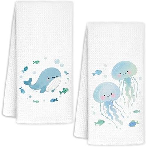 Cute Ocean Whale Jellyfish Kids Bathroom Hand Towels Set of 2, Ocean Lover Gifts, Coastal Beach Hand Towels for Bath Room Washroom, Nautical Beach Kitchen Dish Towel, 16x24 Inch