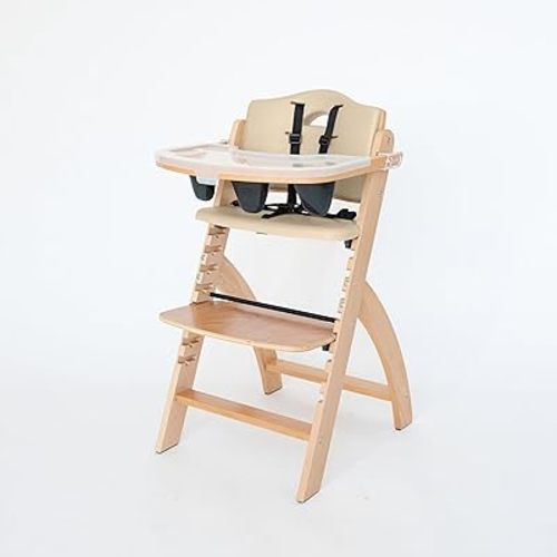 Abiie Beyond Junior Wooden High Chair with Tray - Adjustable and Convertible High Chair for Babies and Toddlers - 6 Months to 250 Lb - Water Resistant - Natural Wood with Beige Cushion