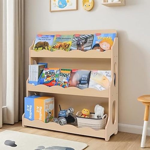 Kids Book Shelf Wooden Montessori Bookshelf Dutch Design 3Tier Scalloped,NaturalMapleWood Pattern