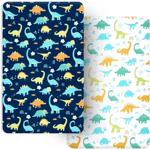 PHF Soft Mini Crib Sheet Set, 2 Pack Silky Comfy Pack N Play Sheets for Boys Girls, Universal Fit for Pack N Play, Playard and Mini Crib Mattresses, Dinosaur