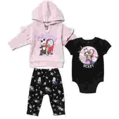 Disney Nightmare Before Christmas Jack Skellington Sally Fleece Pullover Hoodie Bodysuit and Pants 3 Piece Outfit Set Newborn to Infant