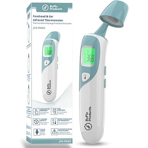 ByFloProducts, Ear and Forehead Thermometer, Thermometer for Babies and Adults, Touchless Forehead Thermometer, Infrared Temporal Thermometer – Memory and Fever Alarm, Easy to Use 1 Second Reading