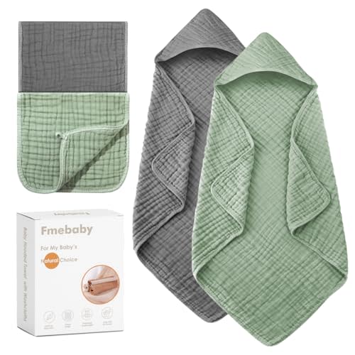 Fmebaby Hooded Baby Towels for Newborn, 2 Pack 36x36 Inch Muslin Cotton Baby Bath Towel and 12x12 Inch Washcloth Set with Hood for Babies, Toddler and Kids, Essentials Must Haves (Grey and Green)