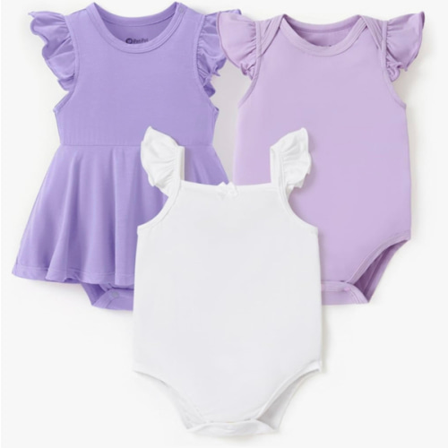 PATPAT Baby Girl Bodysuits - Soft Bamboo Viscose - Flutter Sleeves Cute Dress - Newborn Infant Summer Clothes - 3 Pack