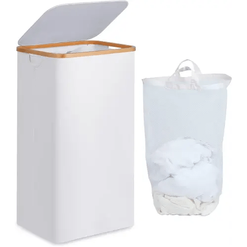 efluky Laundry Hamper with Lid, 100L Tall Laundry Basket with Bamboo Handles for Clothes and Toys, Collapsible Laundry Hamper with Inner Bag for Bedroom and Bathroom, White