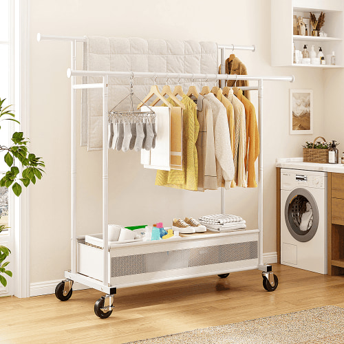 melmine Portable Closet Wardrobe with Wheels,Rolling Clothes Rack with Double Hanging Rods & Fabric Storage Basket,Metal Closet Organizer for Bedroom,Laundry Room & Small Spaces,White