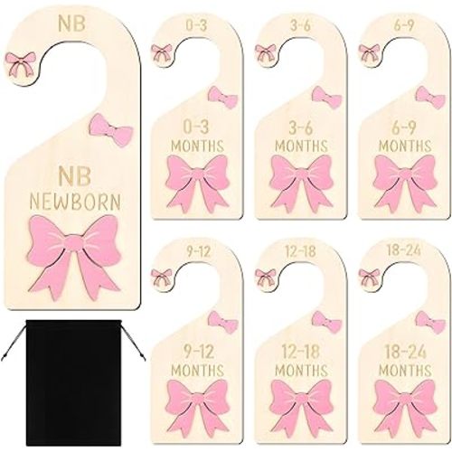 7pcs Coquette Pink Bow Baby Closet Organizer 3D Pink Bow Baby Wood Closet Dividers Double-Sided Baby Wardrobe Hanger Organizer Infant Clothes Size Dividers Hanger Organization Nursery Decor