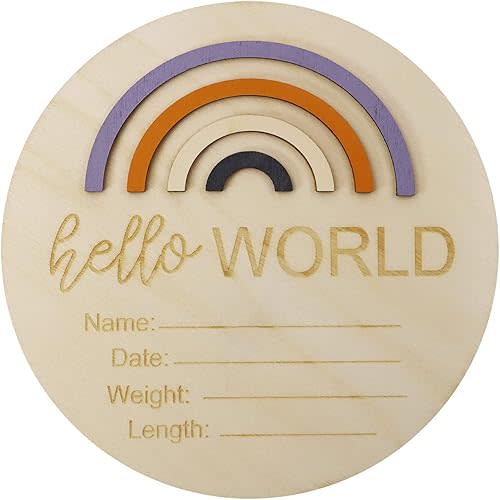 Baby Birth Announcement Sign Penta Angel 6'' Wooden Hello World Infant Arrival Disc Board Newborn Name Information Card Sign for Hospital Baby Girl Boy Photo Prop (Rainbow Round-6 inch)