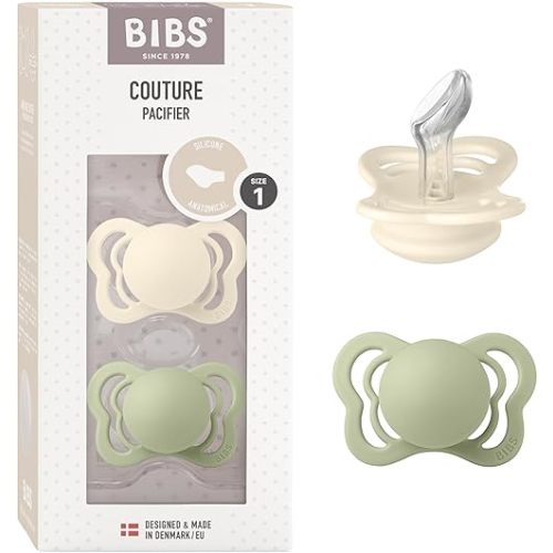 BIBS Pacifiers - Couture Collection | BPA-Free Anatomical Nipple | Silicone | Made in Denmark | Set of 2 Ivory/Sage Color Premium Soothers | Size 0-6 Months