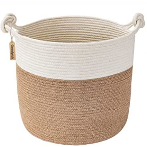 Goodpick Woven Storage Basket, Small Laundry Basket for Clothes 15 x 14.2 Inches, Toy Storage Basket, Rope Basket for Blanket, Wicker Basket for Storage, Brown