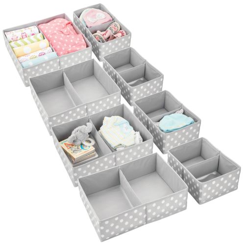 mDesign Fabric Nursery Divided Drawer Storage Bin, 8 Pack, Gray/White Polka Dot