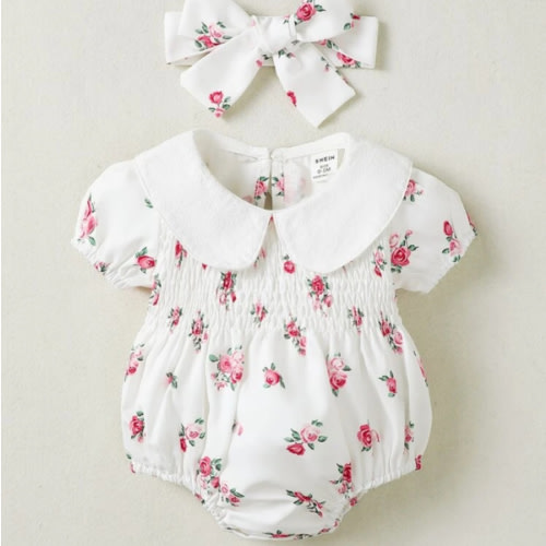Baby Girl Floral Print Shirred Puff Sleeve Bodysuit