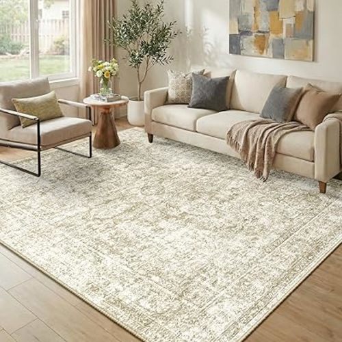 Machine Washable Rugs Nursery Rug 5x7 Cute Girl Non Slip Low Pile Water Repellent Soft Print Pattern for Bedroom Indoor Decor Kids Playroom Beige Green