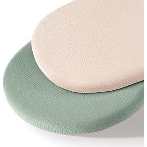 Muslin Bassinet Sheets for Baby Neutral, Soft Breathable Cotton Fitted Sheets for Oval, Rectangle, Hourglass Bassinet Mattress/Pad - 2 Pack (Ivory& Green)