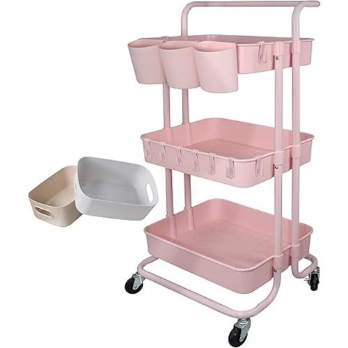 3 Tier Rolling Cart Organizer Shelf Rack with 3PCS Hanging Cups + 8PCS Hooks + 2PCS Storage Box for Home Office Kitchen Bathroom (Pink 3 Cup+8 Hook+2 Box)
