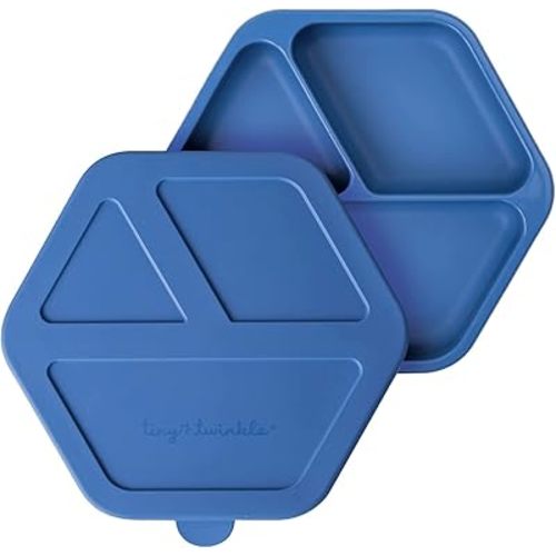 Tiny Twinkle Silicone Suction Baby Plate, Suction Grip Divided Dish for First Foods and Self-Feeding Toddlers, Baby Led Weaning Supplies for Independent Eating (Indigo Plate with Lid)