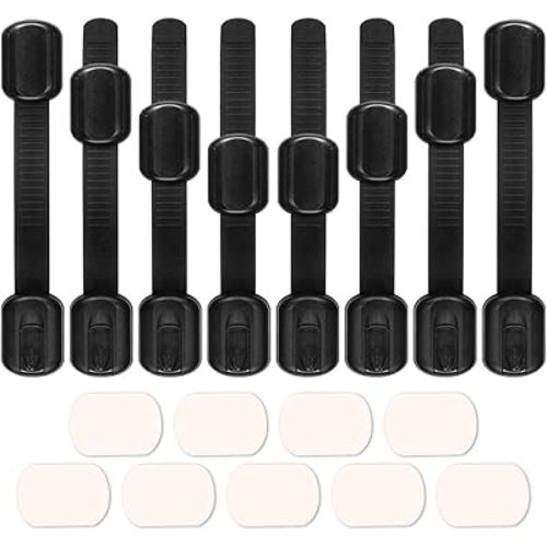 8 Pack Black Child Safety Cabinet Locks - Viaky Adjustable Straps Baby Proof Latches for Drawers, Oven, Refrigerator, Toilet Seat, Closet and Cupboard, Come with 9 Extra Strong Adhesive Pads
