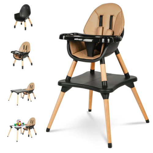 Gofirst 6 in 1 Convertible Wooden High Chair for Babies and Toddlers - Infant Dining Booster Seat With Building Block Table and 4-Position Removable Feeding Chair