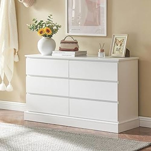 White Dresser for Bedroom, Nursery Dresser with 6 Drawers, Modern Dresser Organizer, Wide Dressers, Wood Chest of Drawers Storage for Living Room, Hallway, Entryway