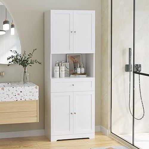 HIFIT Tall Bathroom Storage Cabinets, Modern Linen Storage Cabinet with 4 Doors & Shelves & Drawer, 67" H Tall Storage Cabinet Freestanding for Bathroom, Living Room, Kitchen & Dining, Pantry, White
