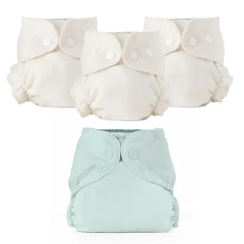 Esembly Cloth Diaper Bundle Set - 3 Organic Cotton Absorbent Inners and 1 Waterproof Outer Diaper Cover - Reusable, Washable, Snap Closure Cloth Diapers - Size 2 (18-35lbs), Mist