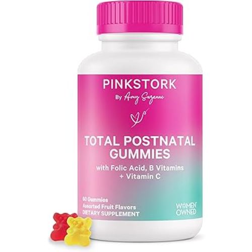 Pink Stork Total Postnatal Vitamin Gummies - Multivitamin for Postpartum Recovery and Lactation Support - Folic Acid, B6, & Vitamin C - Breastfeeding Essentials - 60 Gummy Vitamins