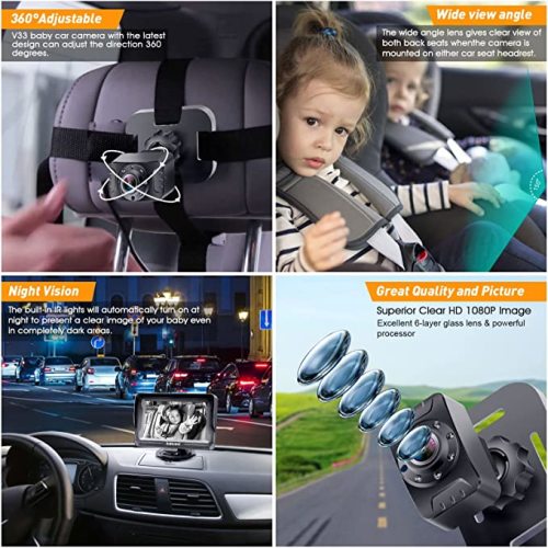 DoHonest Baby Car Camera for Backseat: HD 1080P Easy Setup Carseat Camera Rear Facing Infant - Crystal Night Vision 360° Rotating Baby Car Monitor for Kids - V33