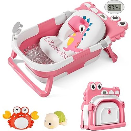 TPN Collapsible Baby Bathtub for Infants to Toddler with Real-time Temp Monitor+Floating Cushion,Foldable Baby Bath Tub Set Applicable 0-36 Month,Perfect Portable Travel Baby Tub for Newborns Boy
