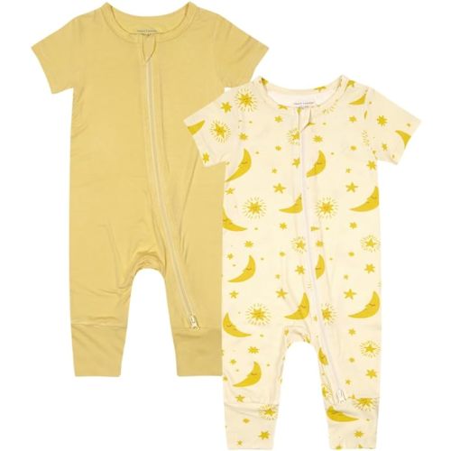 Teach Leanbh Baby Boys Girls 2 Pack Bamboo Viscose Pajamas 2 Way Zipper Short Sleeve Romper Jumpsuit Sleep and Play - Yellow/Star Moon - 3-6 Months