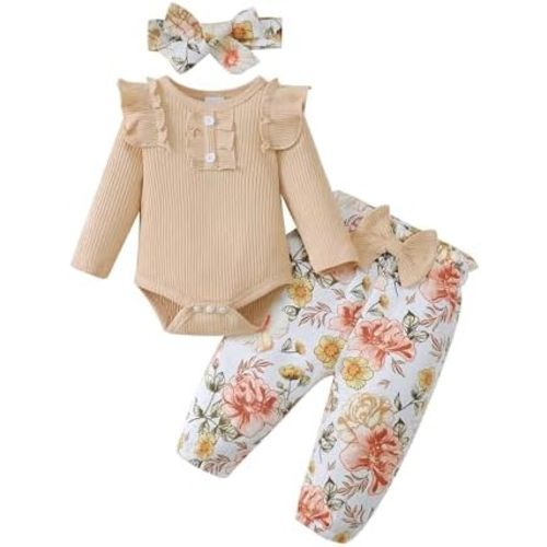 SUNNY PIGGY Baby Girl Clothes Infant Newborn Outfits Ruffle Short Sleeve Romper Tops Floral Pants Set With Headband