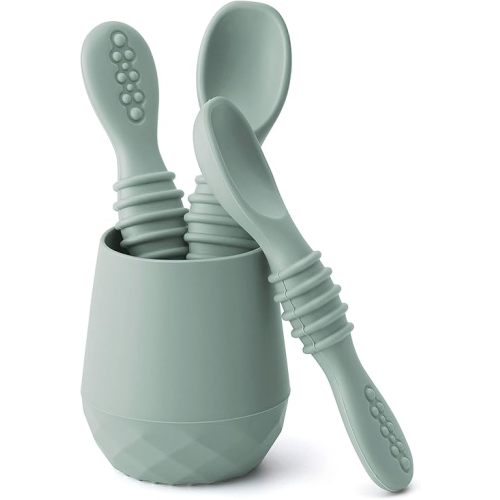 SAMiGO Silicone Baby Utensils - Self Feeding Spoons and Tiny Training Cup - First Stage Baby Led Weaning Supplies for 6 Months+ Infants - Set of 4