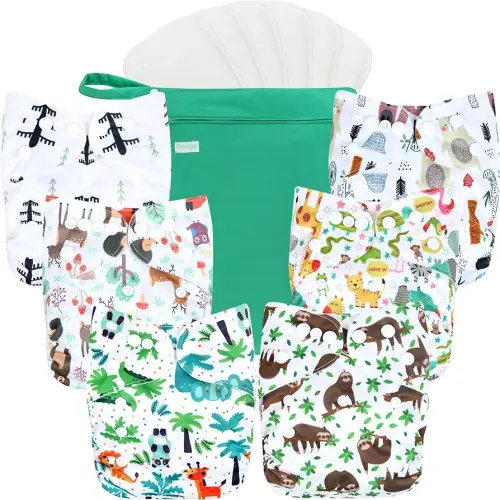 wegreeco Cloth Diapers 6 Pack with 6 Inserts & 1 Wet Bag, Washable Cloth Diapers for Babies, One Size Adjustable Reusable Diapers Baby (Forest, Animals)