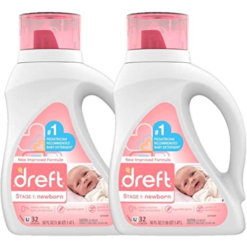 Dreft Stage 1: Newborn Hypoallergenic Liquid Baby Laundry Detergent (HE), Natural for Baby, Newborn, or Infant, 32 Loads (Packaging May Vary), 50 Fl Oz (Pack of 2)