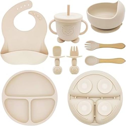 Silicone Baby Feeding Set | Baby Led Weaning Supplies Includes Suction Bowls and Divided Plates, Adjustable Bib, Baby Utensils Spoons and Forks,Cup | Baby Feeding Essentials (Beige)