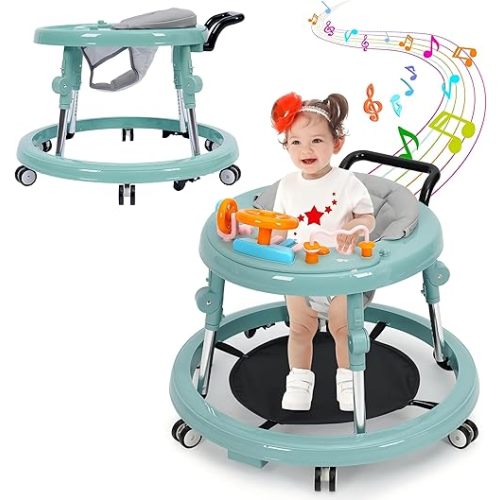 Music and Lights Baby Walker Foldable with 9 Adjustable Heights, Baby Walker with Wheels Portable, Baby Walkers and Activity Center for Boys Girls Babies 7-18 Months