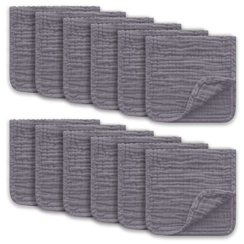 Ease Cubs Muslin Burp Cloths Large 100% Cotton Hand Washcloths for Boys & Girls, Baby Essentials Extra Absorbent and Soft Burping Rags for Newborn Registry (Grey, 12-Pack, 20" X10")