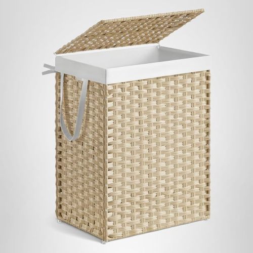 SONGMICS Laundry Hamper with Lid, 23.8 Gallon (90L) Synthetic Rattan Clothes Laundry Basket with Lid and Handles, Foldable, Removable Liner, Summer Sand ULCB051LZ01
