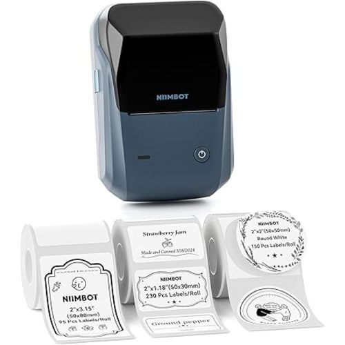 NIIMBOT B1 Label Maker Machine with Tape, Label Printer with 3 Rolls Label Paper, 50x30mm/50x80mm White Label /50x50 Round Label for Office Supplies, Home, Business