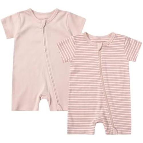 Teach Leanbh Unisex Baby 2 Pack Pajamas Cotton Short Sleeve 2 Way Zipper Stripe Soild Romper Jumpsuit Sleep and Play