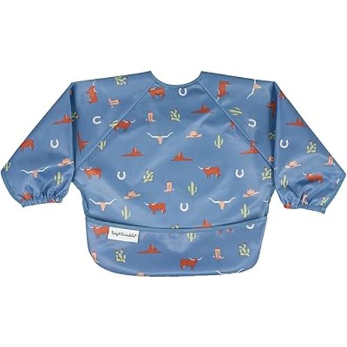 Tiny Twinkle Mess Proof Baby Bib|Waterproof Smock Bib for Eating,Machine Washable Full Sleeve with Pocket(Denim Cowboy, Small 6-24 Months)