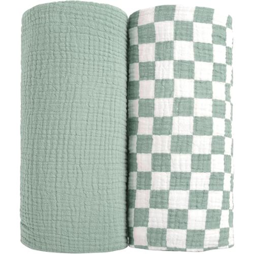 lulumoon Muslin Swaddle Blankets for Baby: Soft Cotton Newborn Receiving Blankets - Plaid Print Nursery Gift Set for Baby Girls(SagePlaid)
