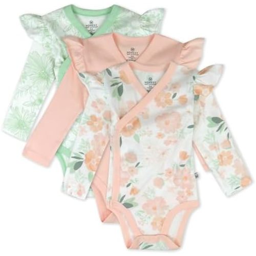3 Pack Long Sleeve Side Snap Ruffle Shoulder Bodysuit 100% Organic Cotton for Infant Baby and Toddler Girls