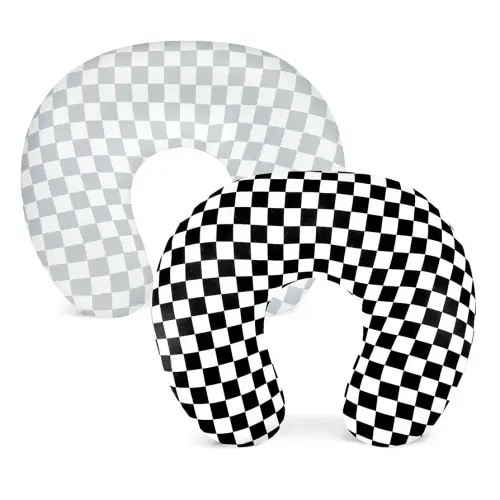 DILIMI 2 Pack Nursing Pillow Cover, Stretchy Removable Case for Breastfeeding Pillows, Ultra Soft Comfortable Slipcover for Baby Girl and Boy, Grey and Black Checkered