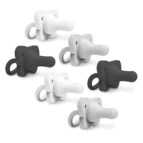 Dr. Brown's HappyPaci 100% Silicone Baby Pacifier, Contoured One-Piece Design, Black, Cool Gray, White, 0-6m, BPA-Free, 6 Pack