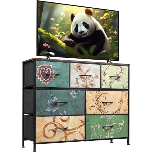 WLIVE 7 Drawer Dresser TV Stand, Entertainment Center, Media Console Table with Metal Frame and Wood Top for TV up to 45 inch, Chest of Drawers for Bedroom, Living Room, Floral Painted