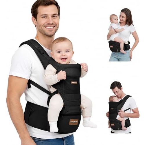 Baby Carrier with Hip Seat, 6-in-1 Baby Carrier Newborn to Toddler, Forward-Facing Carry for Active Babies, Adjustable Detachable Infant Carrier, Hands-Free Baby Holder (Black)